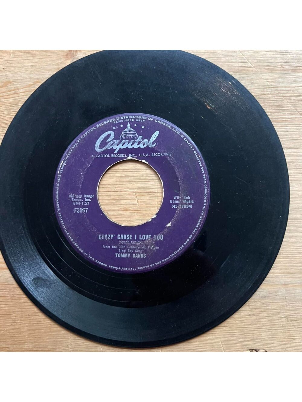 Tommy Sands - Crazy' cause I Love You/Sing Boy Sing 45rpm VG+ R18